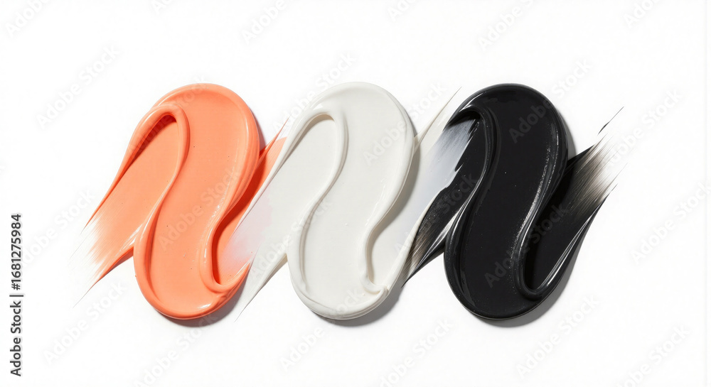 Obraz premium Smooth peach, white, and black cosmetic cream swatches