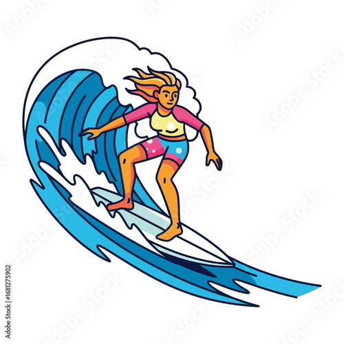 Riding the Crest: A graphic illustration captures a surfer gracefully riding a powerful ocean wave, embodying the thrill of surfing and the beauty of coastal sports.