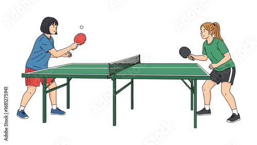 Table Tennis Duel: Two female athletes engage in a dynamic game of table tennis, showcasing skillful play and the competitive spirit of sport. A visually engaging graphic captures the energy.