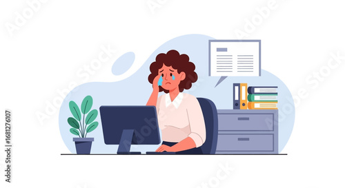 Upset woman crying at her office desk, working on a computer. Depicts workplace stress, emotional challenges, or job dissatisfaction. Useful for mental health and business themes.
