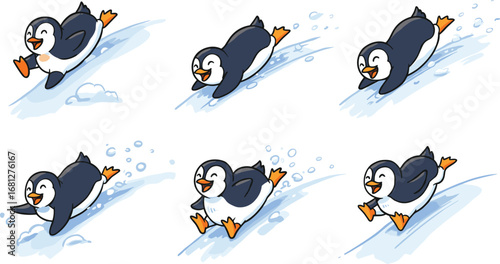 Cartoon penguin sliding on snow, playful winter animal poses, expressive character sequence, stock illustration, white background, joyful motion