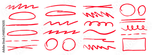 Red hand drawn shapes and lines set. Sketched geometric frames and stripes collection. Zig zag and wavy scribble pack. Marker note signs for mark, emphasis, accent, highlight. Vector doodled borders