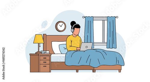 Relaxed individual works remotely on a laptop in bed, wearing headphones. Illustrates modern work-life balance and comfortable home office solutions.