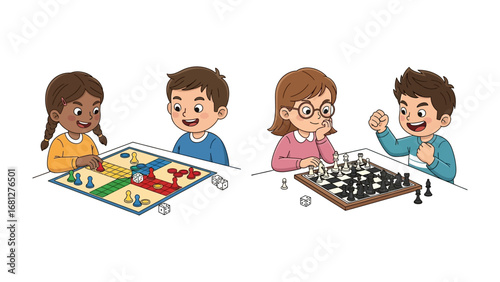 Strategic Play: A vivid illustration depicting a lively scene of children immersed in games of strategy. One group engages in a friendly board game, while another concentrates on a chess match.