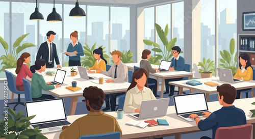 Busy professionals work collaboratively in a bright, modern open-plan office with a city view, embodying teamwork and corporate productivity.