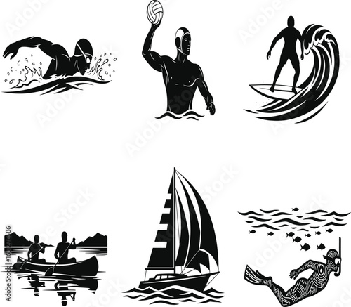 Water, sports, silhouette, swimming, surfing, canoeing, sailing, snorkeling, water polo, ocean, lake, wave, activity, vector, black, white, recreation, adventure, aquatic, illustration