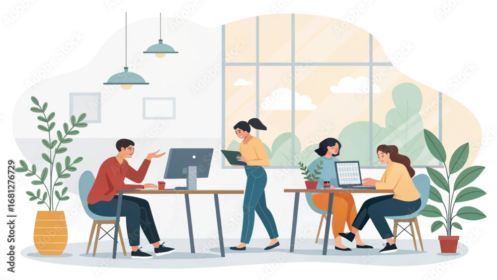 Obraz premium Diverse team collaborates in a modern office space, working efficiently on computers and discussing projects. Ideal for business, technology, and teamwork concepts.