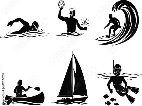 Water, sports, silhouette, swimming, surfing, canoeing, sailing, snorkeling, water polo, ocean, lake, wave, activity, vector, black, white, recreation, aquatic, adventure, illustration