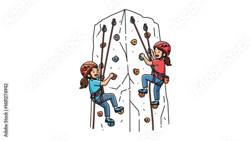 Rock Climbing Adventure: Two young climbers with helmets on ascend a rock wall, showcasing a vibrant display of teamwork and determination in this illustration