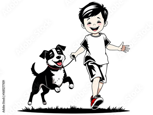 An Expressive and Lyrical New Vector Silhouette of a Happy and Smiling Little Boy with His Pet Dog, Perfect for Children's Books and Family Graphics.