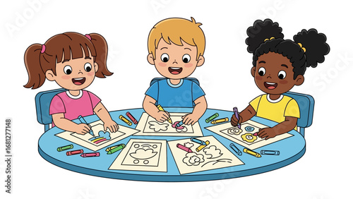 Creative minds at play: Three cheerful children engrossed in the joyful activity of coloring, their vibrant artwork bringing to life playful illustrations, perfect for any projects.