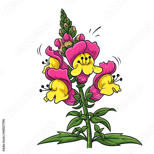 Blooming Snapdragons: A charming illustration of snapdragon flowers, bursting with vibrant colors and intricate details, bringing a touch of spring's delight and floral beauty.