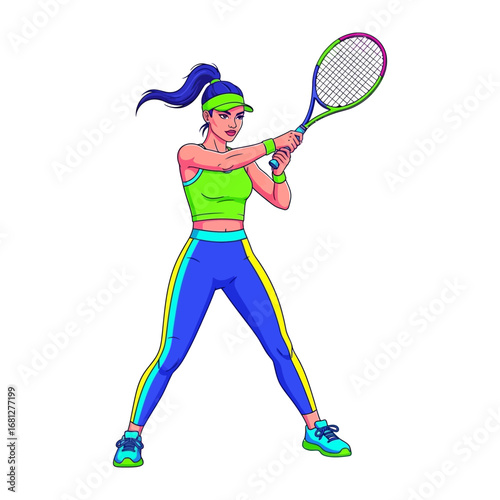 Tennis Player's Play: A female tennis player prepares to serve or return the ball with a determined expression, holding her racket with precision and poised in action in vector illustration.