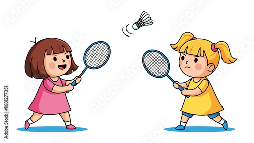 Badminton Buddies: Two animated children playfully engage in a badminton match, their rackets poised to strike the shuttlecock amidst a vibrant atmosphere of sport and recreation.