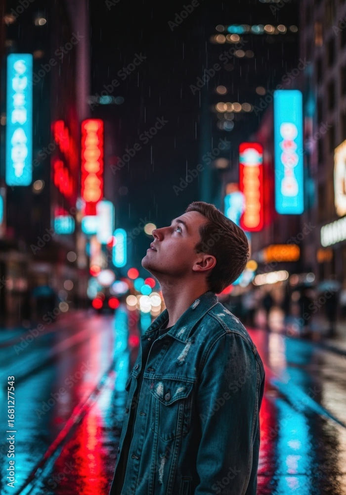 Obraz premium Urban night rain; man looks up