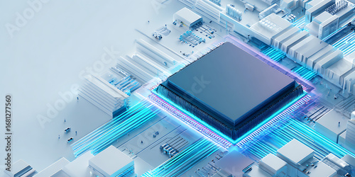 Microchip with glowing blue circuits on futuristic motherboard, technology concept with clean design and soft lighting