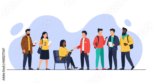 Diverse group of professionals or students collaborating and networking. Represents teamwork, communication, and modern digital interaction in business or education.