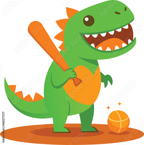 Cute Cartoon T Rex Playing Baseball A fun illustration of a dinosaur trying to hit a baseball on a sunny