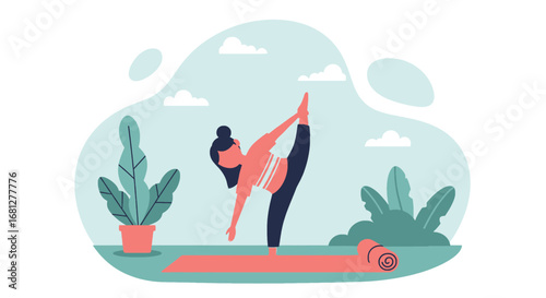 Woman practicing yoga, achieving balance and flexibility in a serene outdoor setting. Represents wellness, healthy lifestyle, and mindful exercise.