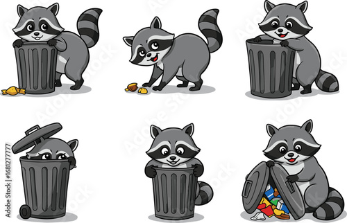 Cartoon raccoons with trash cans, playful animal behavior, scavenging poses, funny pet illustration, stock image, white background, expressive characters