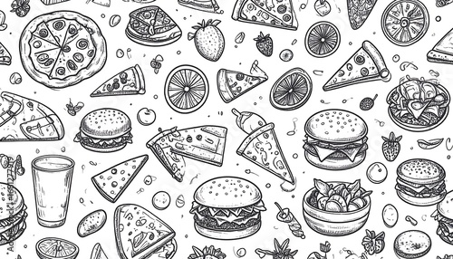 Hand-drawn food pattern featuring pizza, burgers, and fruits