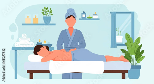 A person enjoys a relaxing back massage by a therapist in a tranquil spa environment. Ideal for wellness, self-care, and luxury service concepts.