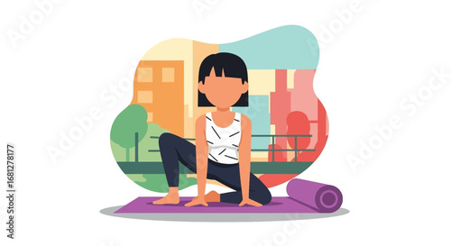 Young woman practicing yoga or stretching on a mat outdoors in a city park. Concept of wellness, healthy lifestyle, fitness, and mindfulness in an urban environment.