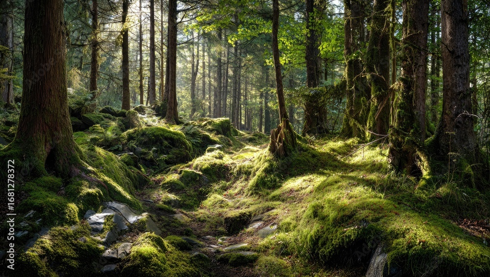 Obraz premium Sunlight filters through mossy forest floor