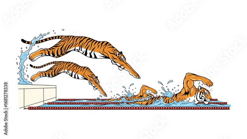 Tiger Swimming Series Illustration: Witness the dynamic progression of a majestic tiger, captured in an artful illustration as it dives into the water.