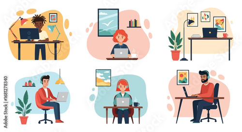 Diverse individuals working remotely from their home offices, utilizing laptops and desktops. Represents modern work, online learning, and flexible business.