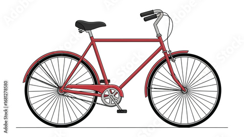 Classic Red Bicycle: A classic style bicycle in a rich red color, featuring a comfortable saddle, swept-back handlebars, and full fenders. This image is perfect for illustrating vintage cycling.