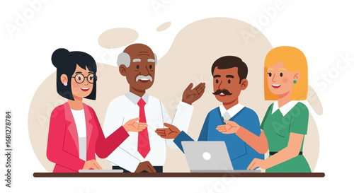 Diverse business team collaborating on a project in a positive office environment. Ideal for themes of teamwork, professional development, and intergenerational mentorship.