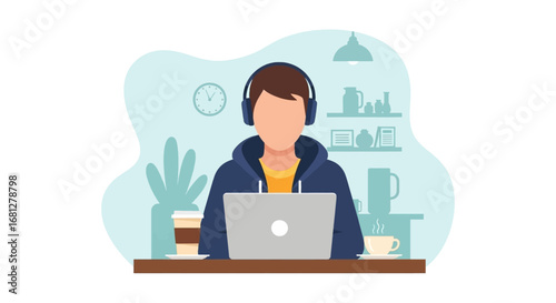 Person with headphones focused on a laptop, depicting remote work, online learning, or a digital lifestyle in a relaxed setting.
