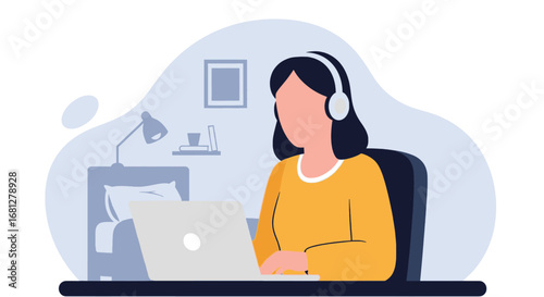 Woman wearing headphones working on laptop from home, representing remote work, online learning, or virtual communication in a modern, productive environment.