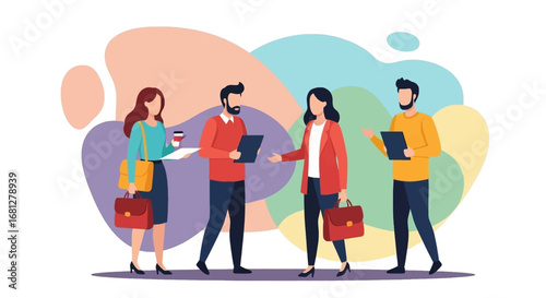 Diverse business professionals collaborate and discuss ideas, illustrating teamwork, meetings, and corporate communication in a modern setting.