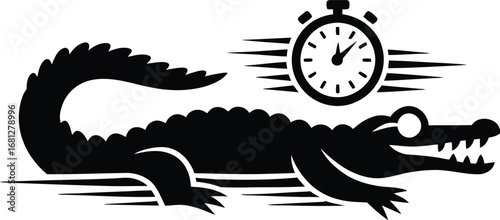 Alligator racing with stopwatch symbolizing speed and reptile power silhouette