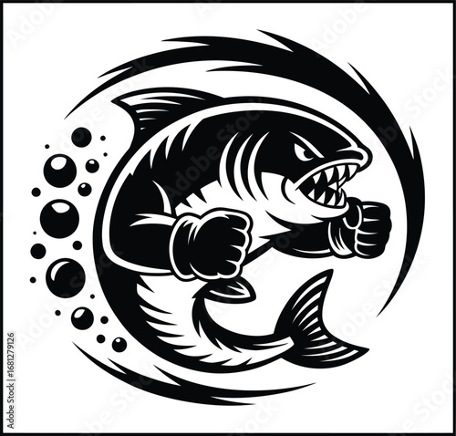 Angry fish wearing boxing gloves ready to fight silhouette