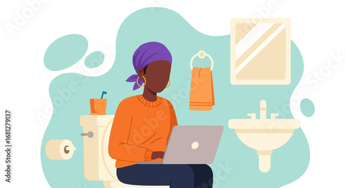 African American woman multitasking, working on her laptop while sitting on a toilet in a bathroom. Represents remote work challenges, flexibility, and modern lifestyle.