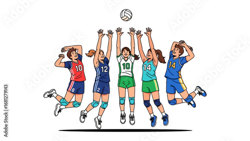 Volleyball Team Spiking the Ball: A dynamic illustration captures a unified volleyball team in mid-air, spiking the ball towards the sky with focused determination and teamwork. 