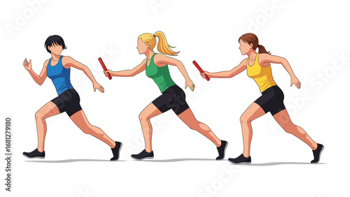 Relay Race Athletes: A dynamic depiction of female athletes competing in a relay race, emphasizing speed, teamwork, and the thrill of the sport. 