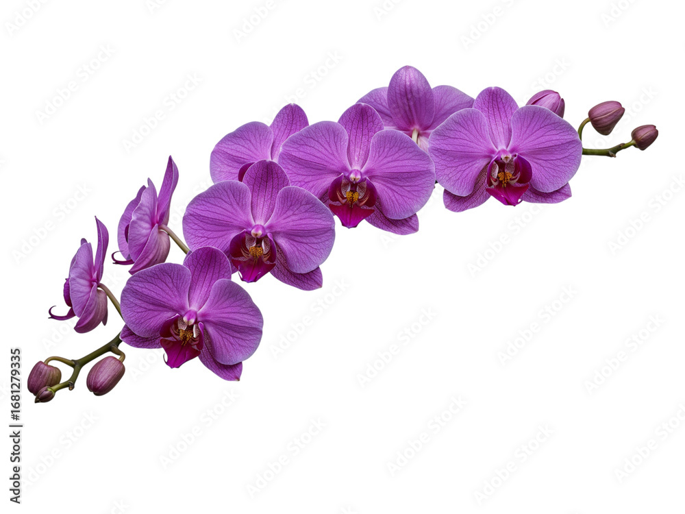 Obraz premium Elegant purple phalaenopsis orchid blossoms displayed on a deep black studio background transparent background