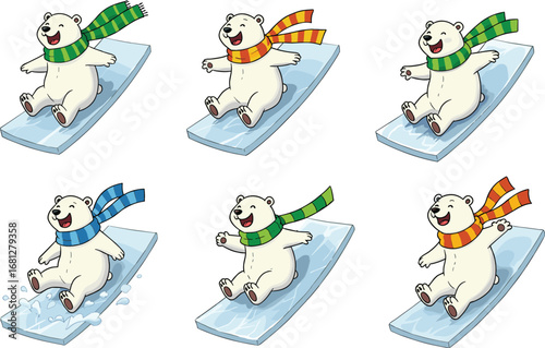 Joyful cartoon polar bear, colorful scarves, icy slope slide, winter fun, playful animal pose, stock illustration, white background, cold weather theme