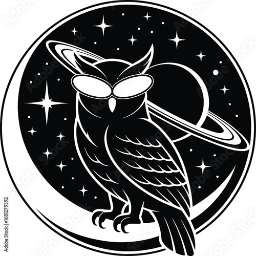 Whimsical cosmic owl wearing goggles near saturn silhouette