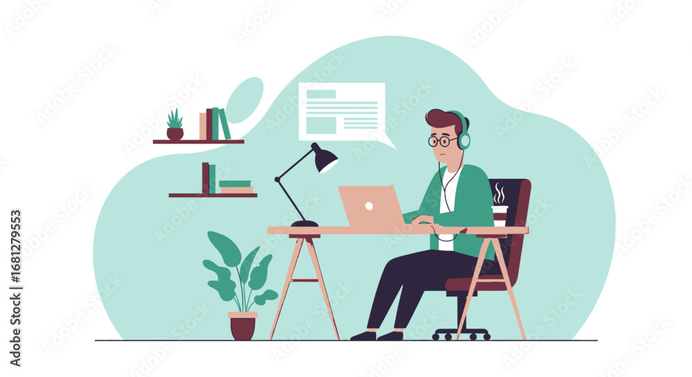 Fototapeta premium Focused person in headphones working remotely on a laptop at a stylish desk. Represents productivity, online learning, and modern work-life balance.