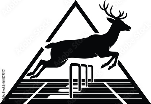 Athletic deer jumping over hurdle on track silhouette
