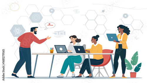 Diverse business team collaborating in a modern office, utilizing technology for discussion and project development. Ideal for corporate, startup, and digital agency concepts.