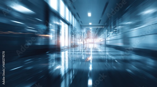 A dynamic view of a modern corridor, featuring sleek lines and reflective surfaces, evoking a sense of motion.