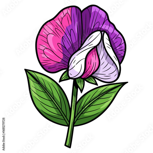 Delicate Floral Beauty: A stunning close-up showcases a vibrant illustration of a sweet pea flower with its intricate petals, and lush green leaves.