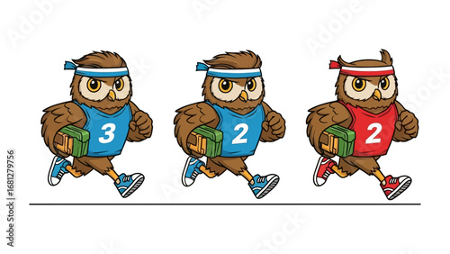 Owl Runners: A trio of determined cartoon owls, each clad in vibrant sportswear and headbands, racing forward with focused expressions. Their athletic prowess shines through as they dash onward.