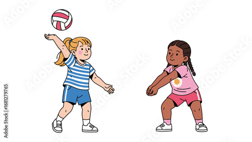 Volleyball Game: Two cheerful girls are fully immersed in a volleyball game, set against a bright and cheery background, displaying a playful spirit of teamwork.